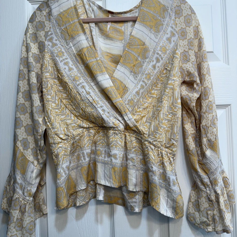 Free People Gold and Cream Paisley Wrap Blouse